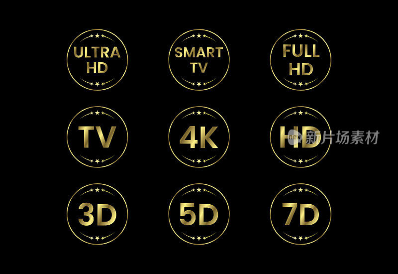 金色电视图标。电视标签电视高清3D 5D 7D智能电视全高清4K超高清